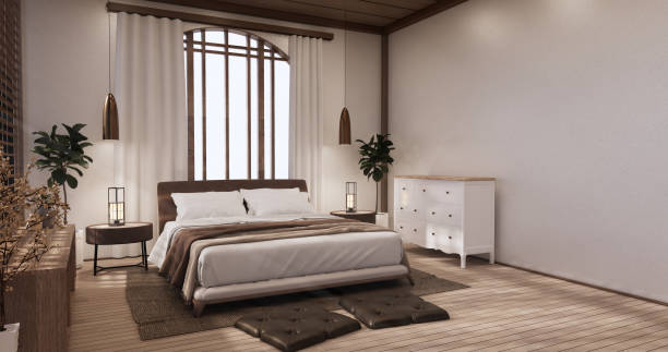 istock Modern peaceful Bedroom. japan style bedroom.3D rendering 1407903485