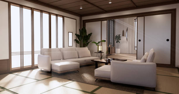 istock Sofa on room tropical interior with tatami mat floor and white wall.3D rendering 1407903491