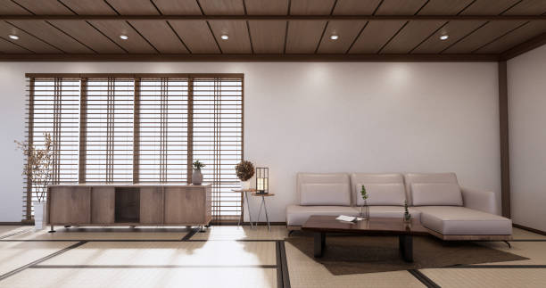 istock Sofa on room tropical interior with tatami mat floor and white wall.3D rendering 1407903529