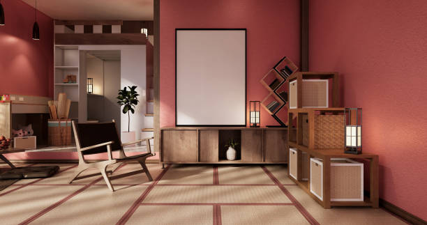 istock red wall design room with decoration ,lamp,plants,carpet,arm chair.3D rendering 1407903537
