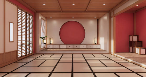 el color interior de la habitación roja inteior con suelo de tatami.3d renderizado - centro de yoga fotografías e imágenes de stock