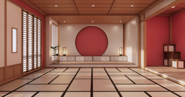a cor interior ambiente vermelho com piso tatame tapete.3d renderização - estúdio de ioga - fotografias e filmes do acervo
