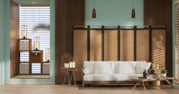 istock Light blue Living room has decorated with lamps and plants trees .3d rendering 1407904614