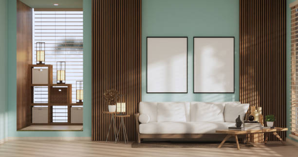 istock Light blue Living room has decorated with lamps and plants trees .3d rendering 1407904615