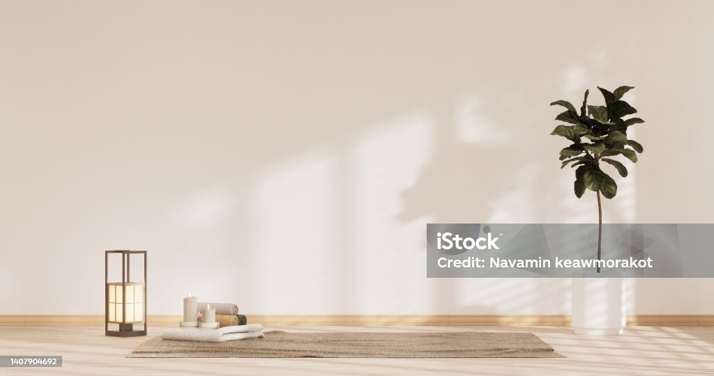 yoga interior design,cleaning minimalist room japan style. 3D rendering Yoga Studio Stock Photo