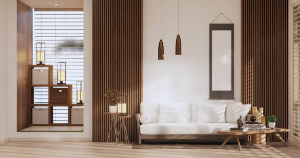istock Sofa on room tropical interior with tatami mat floor and white wall.3D rendering 1407905380