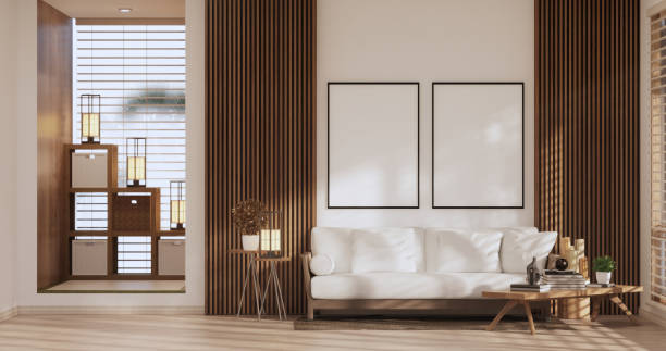 istock Sofa on room tropical interior with tatami mat floor and white wall.3D rendering 1407905387