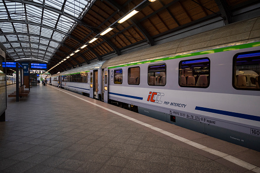 Poland Wroclaw, December 3, 2020, passenger train IC PKP railway at the station on the platform