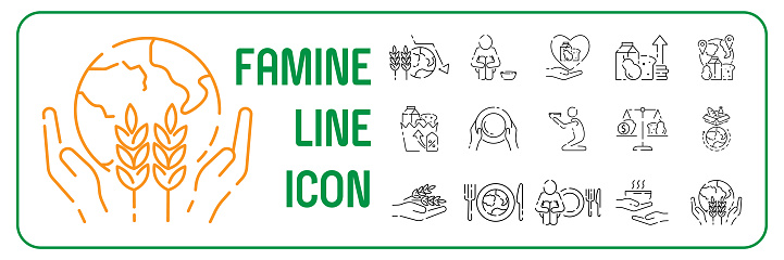 Destitution line icon set. Included the icons as scraggy, skinny, starving, homeless , beggar, poor and more. Global famine crisis. Global food security.