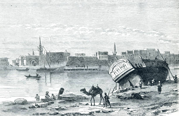 suezkanal, stadt ägypten im 19. jahrhundert - ship africa egypt europe stock-grafiken, -clipart, -cartoons und -symbole