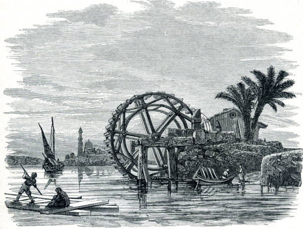 ilustrações de stock, clip art, desenhos animados e ícones de water wheel engineering in river nile egypt - water wheel