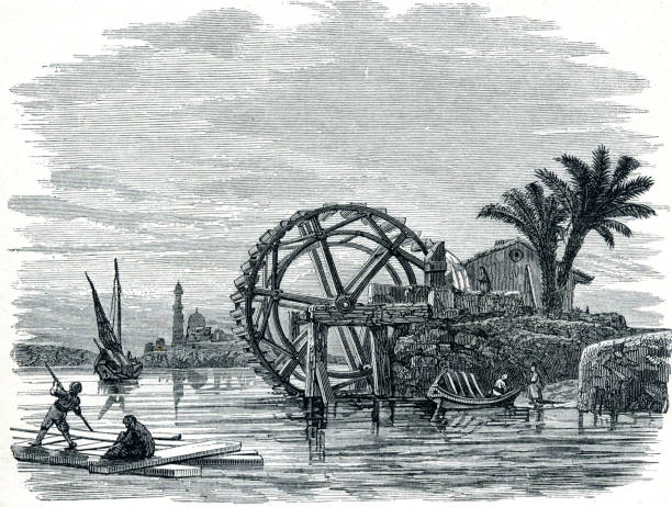 Water Wheel Engineering in River Nile Egypt Invention of new technology a water wheel in Egypt water wheel stock illustrations
