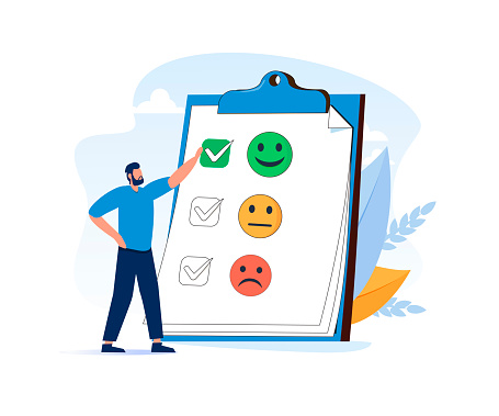 Experience, satisfaction survey, mental health. Performance appraisal scale. Experience opinion from consumer as choice for service or product vector illustration. Client satisfaction survey feedback