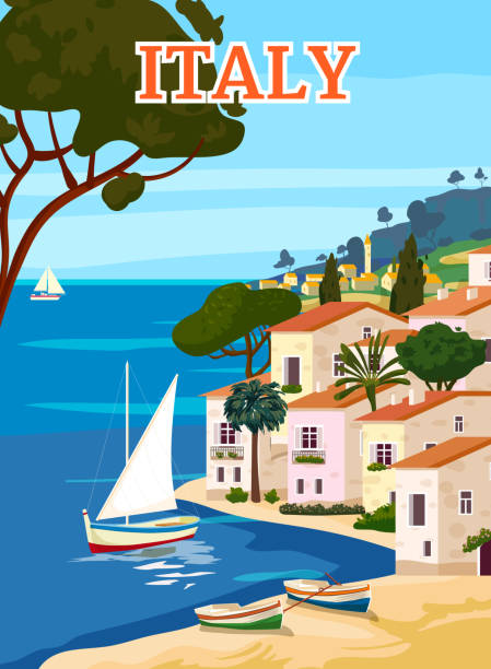 이탈리아 여행 포스터, 지중해 낭만적 인 풍경, 산, 해변 마을, 범선, 바다. 레트로 포스터 - italy nobody mediterranean sea island stock illustrations