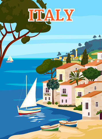 Italy Travel Poster, mediterranean romantic landscape, mountains, seaside town, sailboat, sea. Retro poster, postcard vector illustration isolated