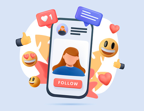 3D illustration Social media platform. Online SMM communication app design. Emoji, hearts, chat and chart with smartphone background. UI interface of social network profile. Follow, like and share.