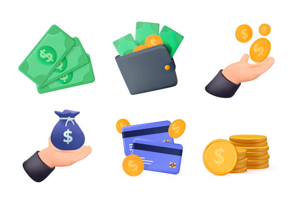 zestaw ikon renderowania wektorowego związanego z pieniędzmi 3d. portfel ikon, bankomat, pakiet pieniędzy, ręka z monetą. zestaw ikon cashback. - stack currency coin symbol stock illustrations