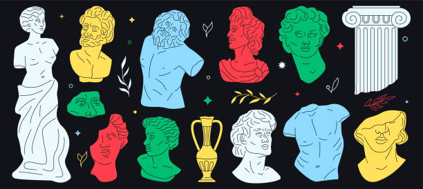 Ancient Greek colorful statues, classic hand drawn figures. vector art illustration