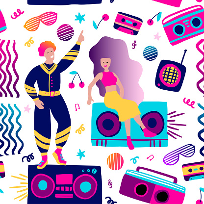 Girl and boy 80s disco seamless party pattern. Prank human vector illustration
