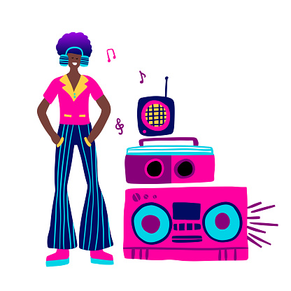80s retro music party man and record player clipart. Cartoon boy character human vector card.