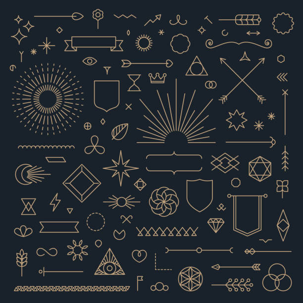 ilustrații de stoc cu set de linie liniară subțire art deco retro elemente de design vintage. forme geometrice, simboluri schiță - spiritualitate