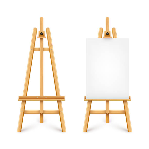 istock Realistic paint desk with blank white canvas. Wooden easel and a sheet of drawing paper. Presentation board on a tripod. Artwork mockup, template. Vector illustration 1407918098