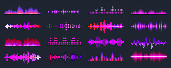 Colorful sound waves collection. Analog and digital audio signal. Music equalizer. Interference voice recording. High frequency radio wave. Vector illustration