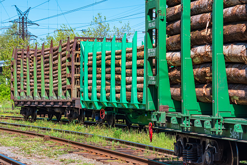 loaded railway wagons for carrying of logs close-up