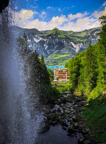 grand hotel giessbach - brienz mountain landscape lake stock-fotos und bilder