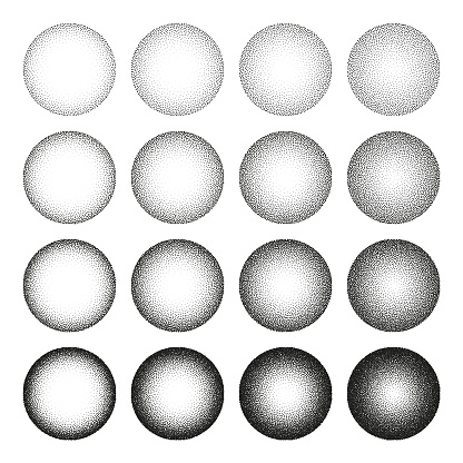 Round shaped dotted objects, stipple elements. Fading gradient. Stippling, dotwork drawing, shading using dots. Pixel disintegration, halftone effect. White noise grainy texture. Vector illustration.