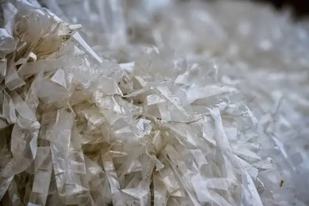 shredded plastic film collected for recycling