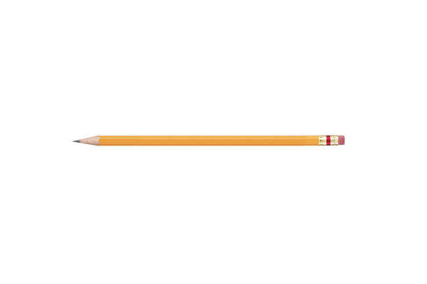 istock Realistic yellow pencil sharpened with red rubber isolated on white background. Wooden school pencil 1407922535