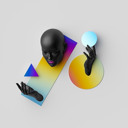 3d rendering, abstract modern fashion concept, surreal collage with colorful geometric shapes, black mannequin body parts. Woman bald head and hands