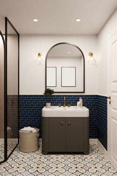 istock 3d rendering. Corner of hotel bathroom with blue tiled walls, large mirror, pattern on the floor and shower. Classic style. 1407925028
