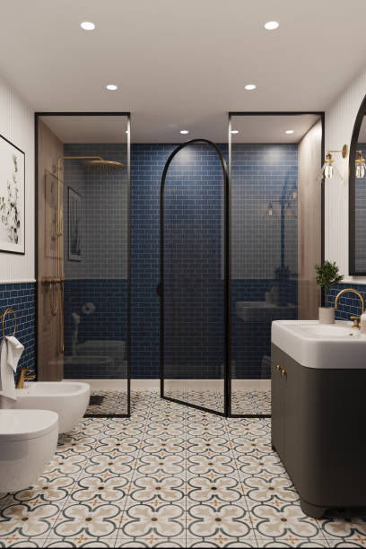 istock 3d rendering. Corner of hotel bathroom with blue tiled walls, large mirror, pattern on the floor and shower. Classic style. 1407925217