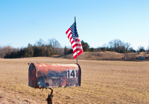 roadside rural mailbox with American flag