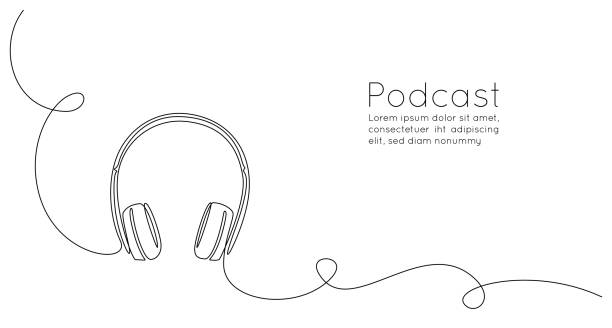 Continuous one line drawing of headphones speaker for podcast web banner. Music gadget and earphones devices in simple linear style. Editable stroke. Doodle vector illustration Continuous one line drawing of headphones speaker for podcast web banner. Music gadget and earphones devices in simple linear style. Editable stroke. Doodle vector illustration. radio dj stock illustrations