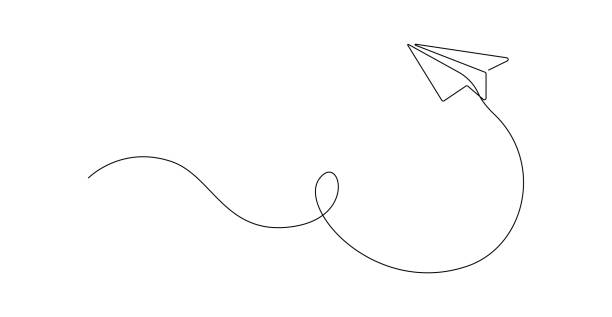 紙飛行機を飛び上がらせる連続した1本の線画。シンプルなリニアスタイルでクラフト飛行機のスタートアップと自由と旅行のための創造的なビジネスコンセプト。折り紙。落書きベクトルイ - 封筒 白点のイラスト素材／クリップアート素材／マンガ素材／アイコン素材
