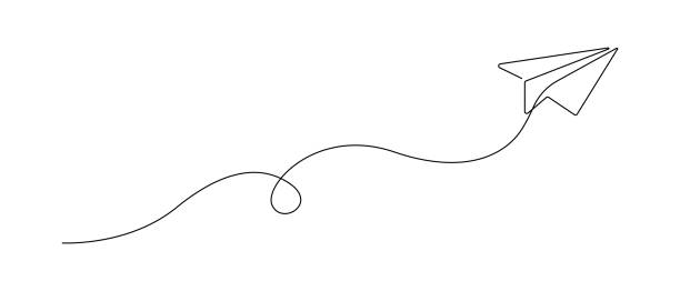 непрерывный однострочный рисунок летящего вверх бумажного самолета. креативная бизнес-концепция для стартапа и свободы и путешествия кра� - flying vacations doodle symbol stock illustrations