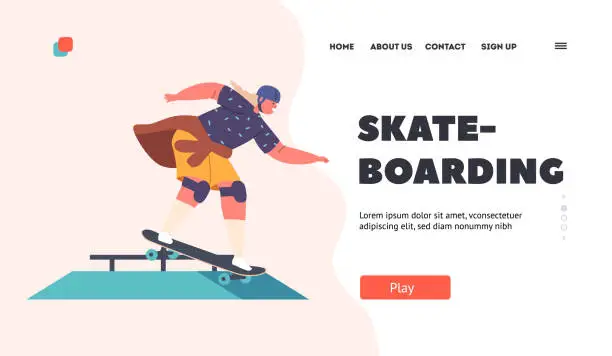 Vector illustration of Skateboarding Landing Page Template. Girl Rolling on Skateboard Jump over Barrier, Kid Character Perform Stunts