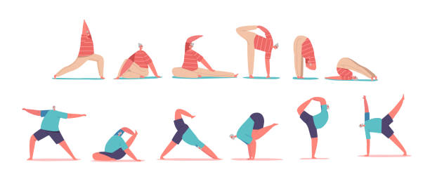Set Of Elderly People Active Healthy Lifestyle, Senior Male Female Characters Practicing Yoga And Meditation Activities vector art illustration