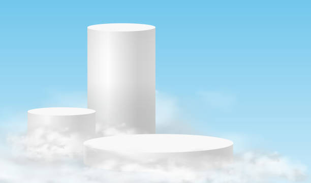 istock Podium sky. Minimalistic background with white podiums in the clouds. 3d realistic pedestals product for product demonstration and sky clouds 1407931586