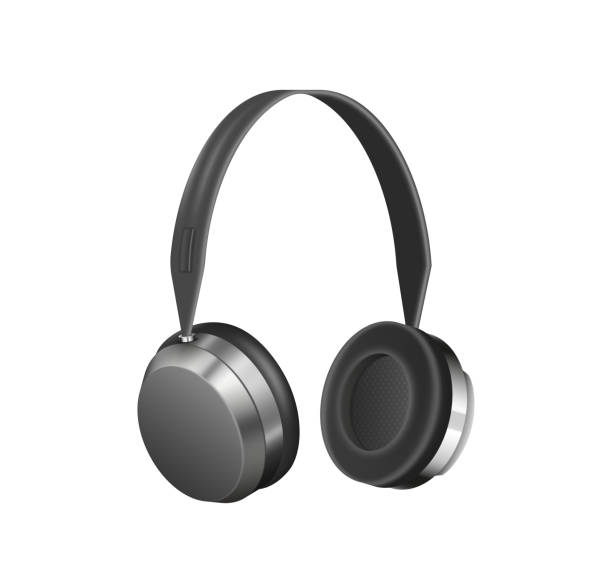 istock Black realistic headphones gaming headset. Listening audio electronic device diagonal side view 1407932379