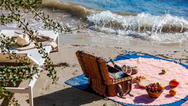 istock Picnic basket by the sea. 1407932431