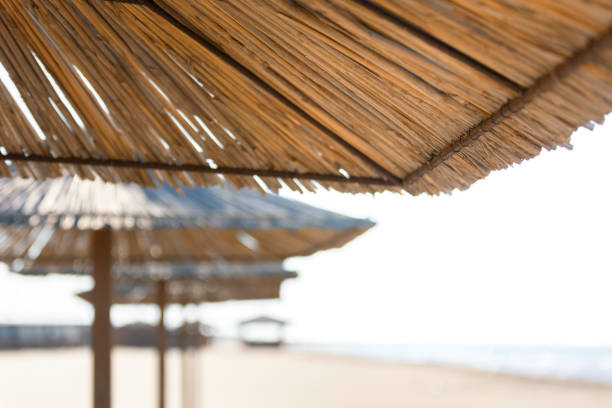 Tropical umbrellas on the oceanside sand made of palms on a remote beach
