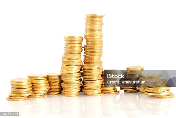 Gold Towers Isolated On White Stock Photo - Download Image Now - Architectural Column, Banking, Business