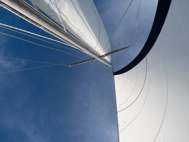 istock White Fabric Sails on a Sailboat Photographed from Below 1407937259