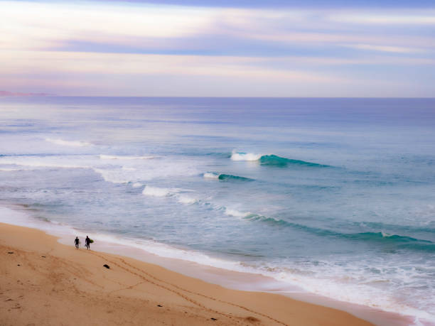 dois surfistas caminhando em direção às ondas - pista de desporto - fotografias e filmes do acervo