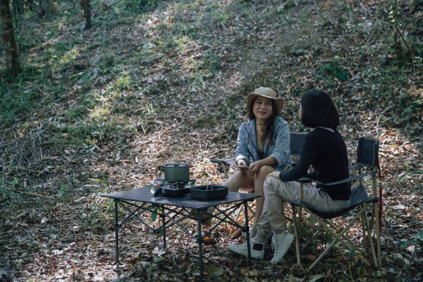 istock camping tent camp in nature happy friends 1407940486