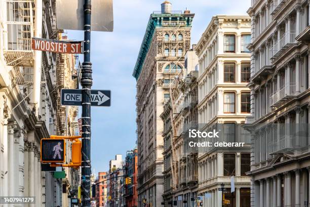 Block Of Old Buildings On Broome And Wooster Streets In The Historic Soho Neighborhood Of Manhattan In New York City Stock Photo - Download Image Now